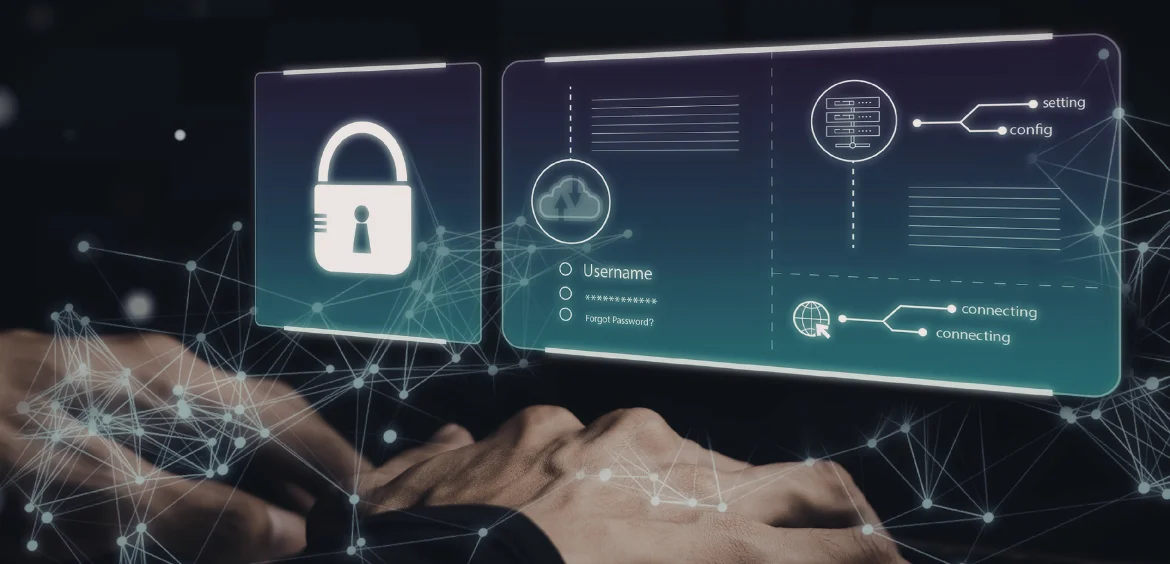 Illustratie van digitale beveiliging met een hangslot, inlogscherm en netwerkverbindingen op een computerscherm.