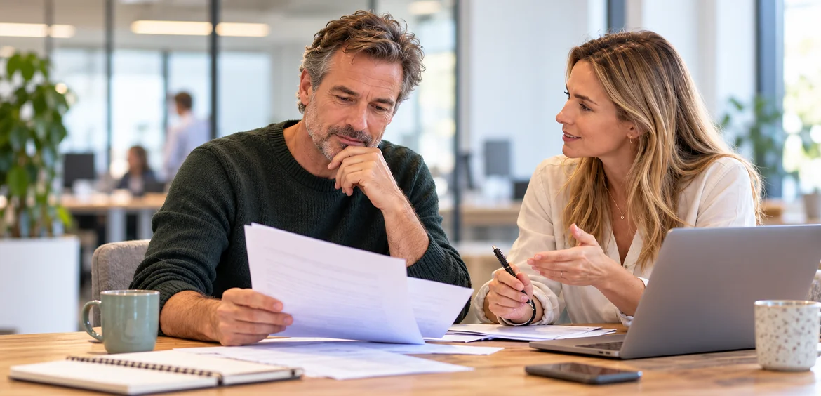 Man en vrouw bespreken documenten om te beoordelen of hun onderneming onder de Wtta valt.